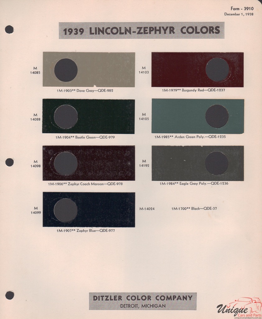 1939 Lincoln Paint Charts PPG